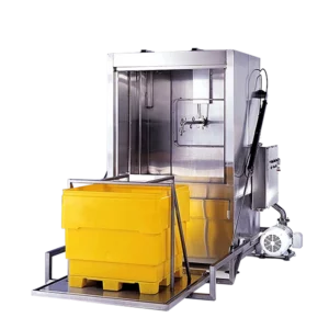 Designed to wash and sanitize 400-600 lb. vats, dump buggies, and similar large-volume containers, one at a time