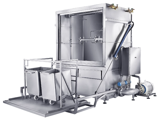 Designed to wash and sanitize one bin or two vats loaded into adjustable support brackets mounted on the door